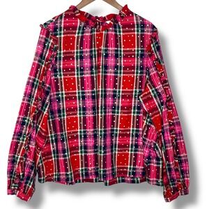 Crown‎ & Ivy Blouse XXL Christmas Plaid Gold Polka Dot Ruffle Neck Holiday Party